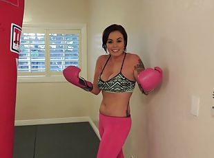 Babe takes a boxing lesson then finish her workout with a fuck