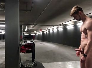 German boy dude public parking garage naked outdoor cum jerk off ma...