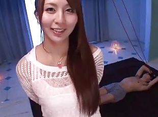 Cute long hair Asian babe awarding her guy with superb blowjob