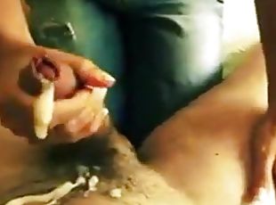 Strong hand makes an uncut dick cum