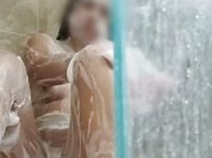 ligo, dyakol-masturbation, baguhan, dalagita, latina, paa, maliit, ligo-shower, realidad, maliit-na-suso