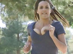 Sabrina's Big Natural Tits Bounce Right Out Of Her Shirt As She Jogs