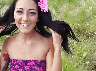 brunette with natural tits gives blowjob outdoor on pov