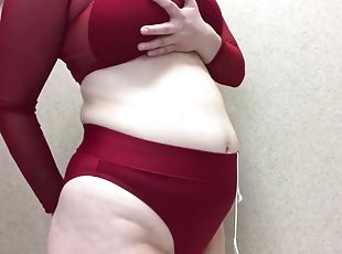 Belly Inflation In Dark Red Bikini