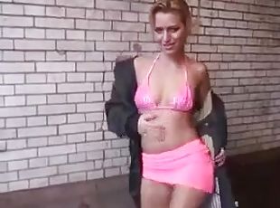 Cute blonde in miniskirt gives a blowjob and gets her cunt smashed