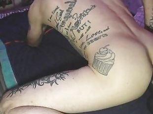 doggy, ekstrem, anal, leke, svart, dildo, fetisj, nærbilde, rumpehull, tattoo