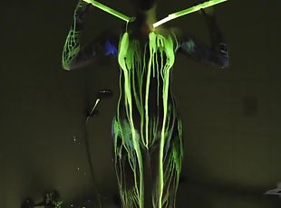 College girl pours glow stick liquid all over her hot body
