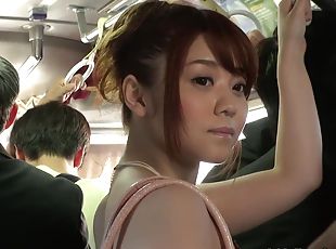 Petite Japanese girl jerks, sucks and fucks a guy on a public train...