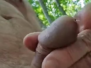 Dad takes a walk in the woods, strokes his cock and makes his balls...