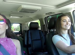 Busty teens having an amazing lesbian adventure inside the car