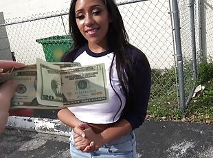 Ebony slut paid to flash her tits and fuck hardcore in public