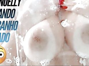 Sexy latina teasing in the shower big ass and big boobs against the...