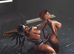 Cyber angel dickgirl plays with a sexy young ebony in the sci-fi lab