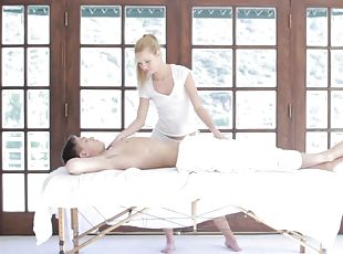 Stunning blonde gives the guy a massage and lets him poke her cunny