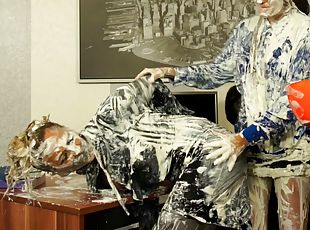 Angry boss punishes every one in the office applying cream on them,...