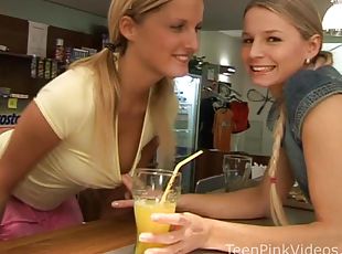 Mia & Paola fuck each other with dildos near the bar