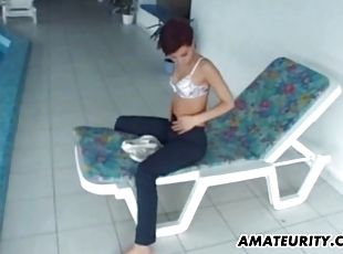 amatori, anal, jet-de-sperma, roscata, iubita, piscina, jeans, realitate, sutien