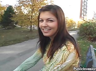 Hot girl sucks a cock and gets fucked from behind outdoors