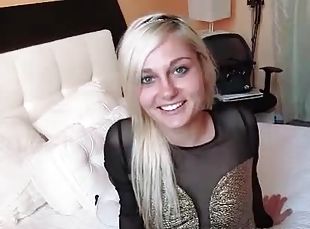Blue eyed teen blonde sucks and rides cock in POV