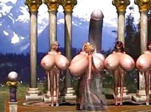 3D cuties with enormous boobs go for a walk in a forest