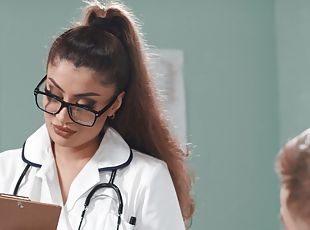 óculos, enfermeira, estrela-porno, casal, uniforme, chupando