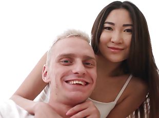 Cutie takes cum on her lips - Asian teen takes BWC in interracial c...