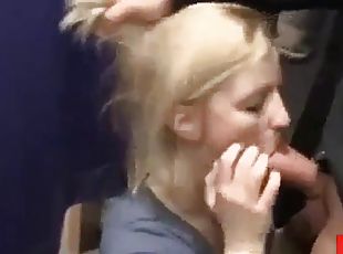 Hot blonde slut blows in a changing room