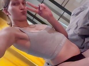 Beautiful trans girl smokes naked outside in public then strip teas...