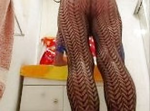 Part one of my sexy red dress and fishnet pantihose play