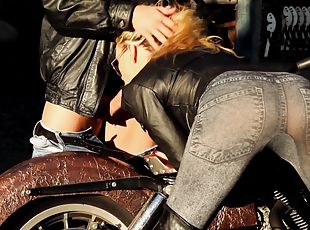 Trendy biker babe Jazy Berlin bent over a motorcycle and pounded hard