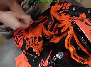 huge cumshot over my orange fox mx gear (boots, socks, gloves, helmet)