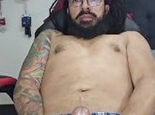 Rasta tattooed guy jerking off oiled up, two hands masturbation, cu...