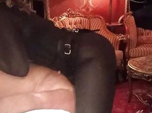 Bound slave sucks and swallows his mistress's big black strapon, HA...