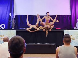 Two passionate yoga babes getting fucked by young Spanish dude on s...