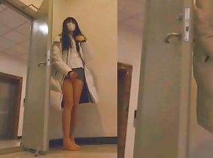 Chinese ladyboy ejaculates in the corridor while listening to the s...