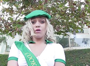Blonde teen in a costume Kenzie Green loves getting a hard pounding