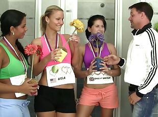 Athletic sluts compete at who gives the most skilled blowjob