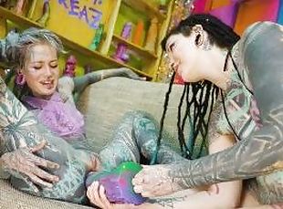 Tattooed alternative girls ANAL testing new CRAZY TOYS, lesbian, an...