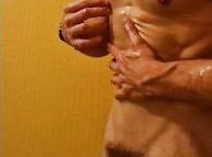 Boy a little too excited by his oiled body cums hard after rough ha...