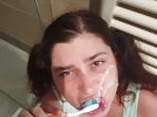Stupid StepDaughter brushes her teeth with Cum. Her Stepfather chea...