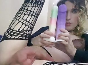 Soft transgirl femboy stretches her ass and mouth with a thick dild...