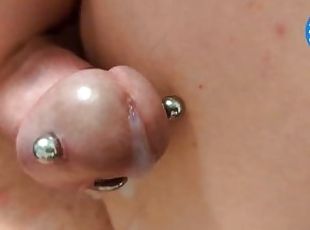 Closeup Handsfree Cum Pierced Cockhead Throbs Gushes Cum with Magic...