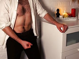Inflated handsome guy Noel Dero in a white shirt and with a small p...