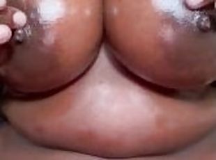 POV:BIG TITS EBony OILING Tits UPCLOse+Massaging Black HARD NIPPLES...