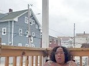 Nerdy Ebony BBW Hairy MILF masturbates in public on her porch ONLYF...