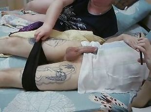 mother-in-law jerks off my dick and watches the sperm flow from the...