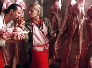 Blonde butcher gets her tight ass slaughtered by colleague's cock