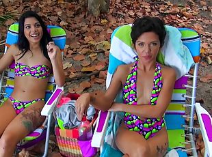 Cuties in colorful swimsuits picked up for a wild threesome