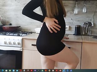 Slobbery blowjob and hard sex with a pregnant woman in a short blac...