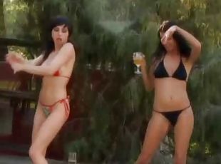 fiesta, público, lesbiana, piscina, bikini